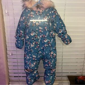 EUC Deux par Deux Baby 1 Piece Hooded Carseat Snowsuit 9 mo Easy Warm